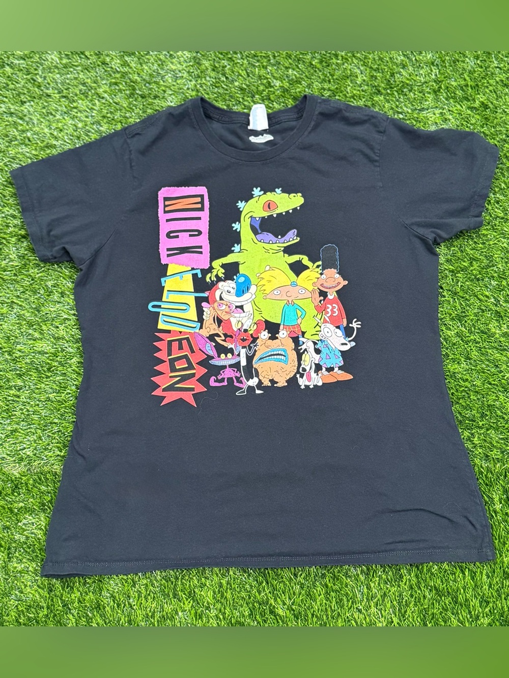 Vintage Style Nickelodeon 90s Cartoons Group Shot Black Graphic Tee XL